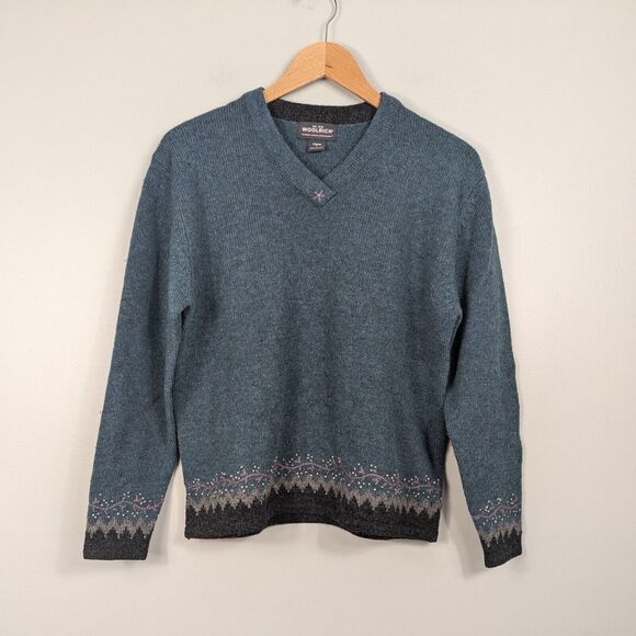 Woolrich Sweater Wool Pullover Vneck Teal Blue Gray Floral Embroidered Outdoor L - Picture 1 of 11